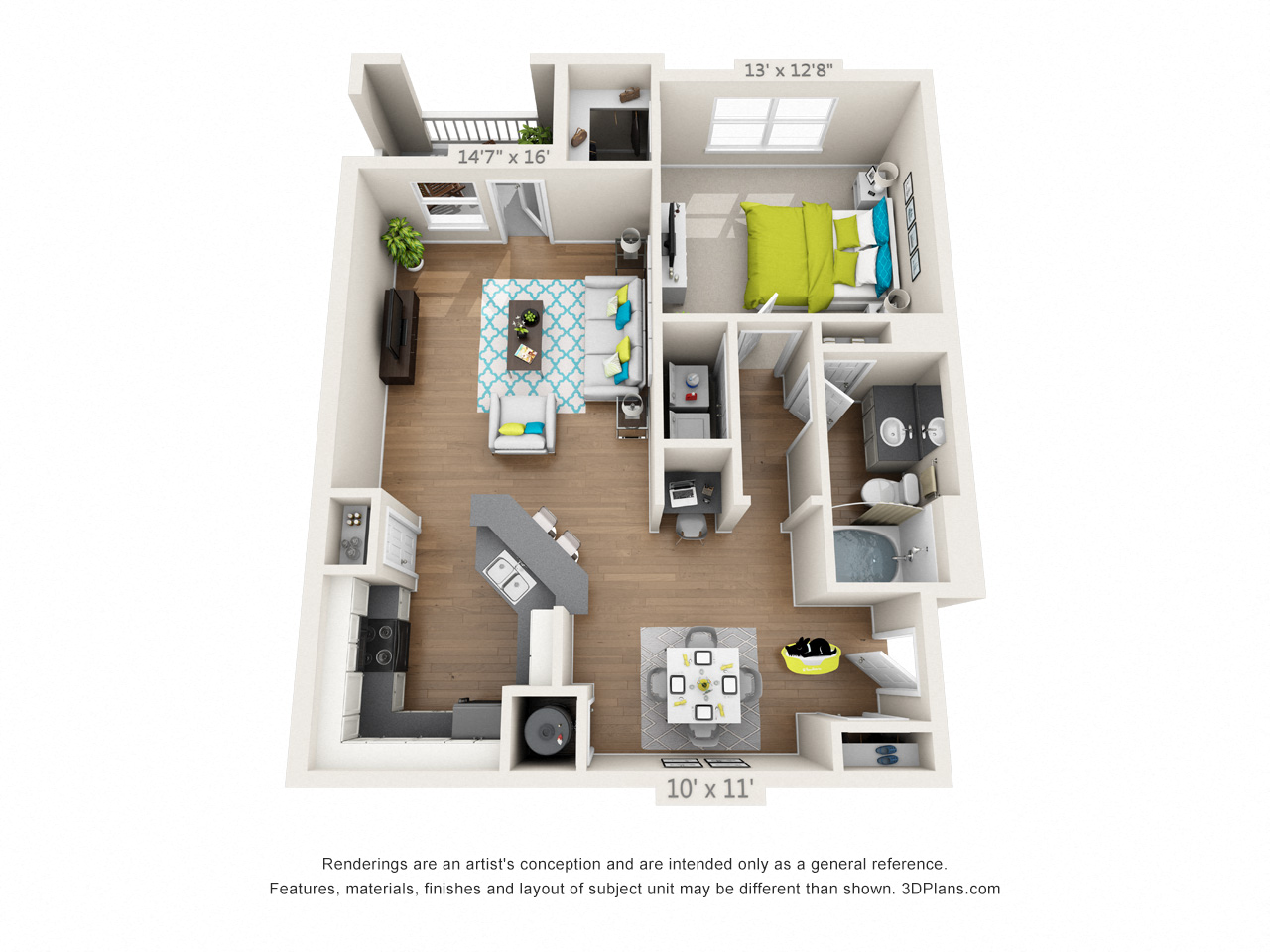 Floor plan for 1 bed, 1 bath, 880 sqft